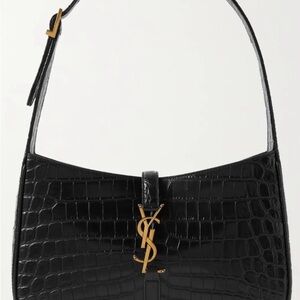 Yves Saint Laurent Black Croc-Pattern Shoulder Bag with Gold Accents